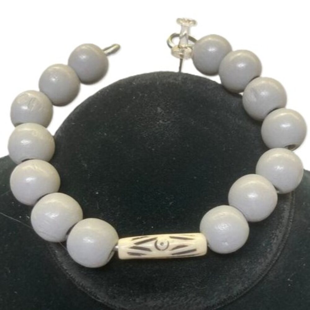 TRIBAL Ethnic Gray White Hand Crafted Black Slip On Bracelet UNISEX 8 inches